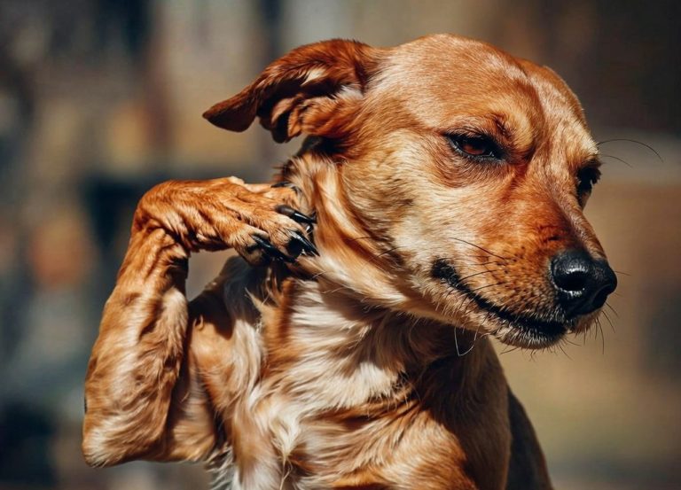 A picture of a golden colured dog, possibly a lab cross, scratching a flea bite on his neck.