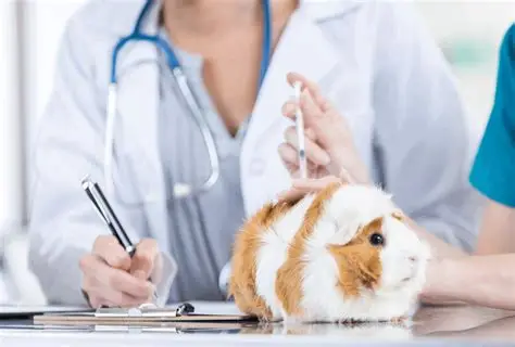 A veterinarian examines a guinea pig while taking notes.