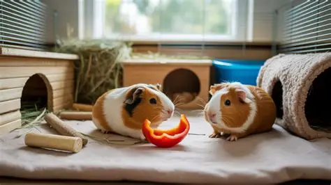 Two guinea pigs in a cozy habitat, one nibbling on a piece of red pepper.