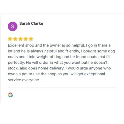 5* Review from Sarah Clarke "Excellent shop and the owner is so helpful. Exceptional service every time"